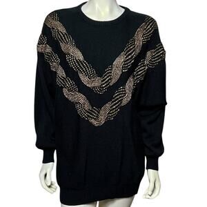 Vintage Karen Scott Black Gold Metallic Chevron Sweater Oversized Size L